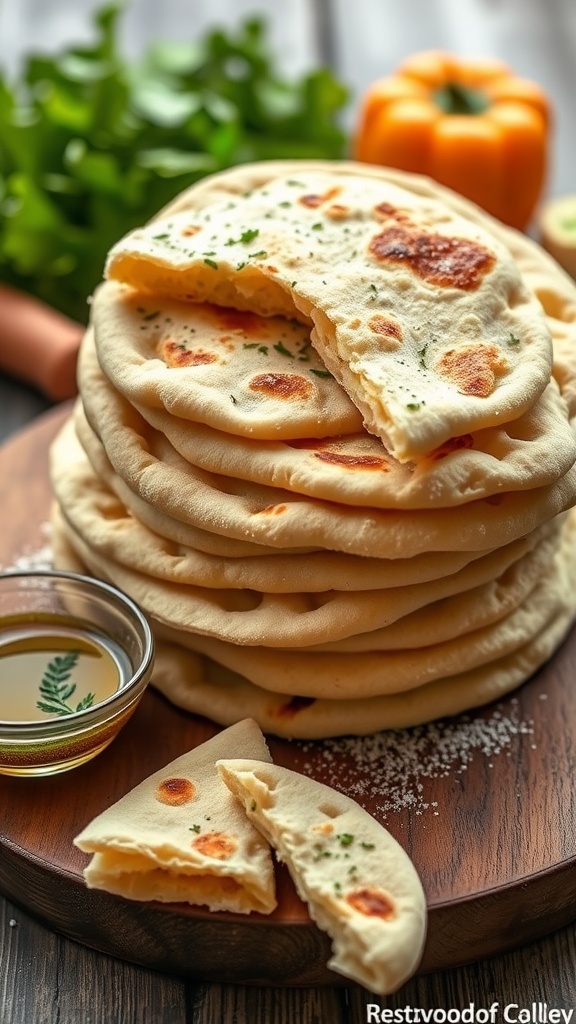 Homemade Greek Yogurt Flatbread Recipe A stack of fluffy Greek yogurt flatbreads on a wooden board with olive oil for dipping.